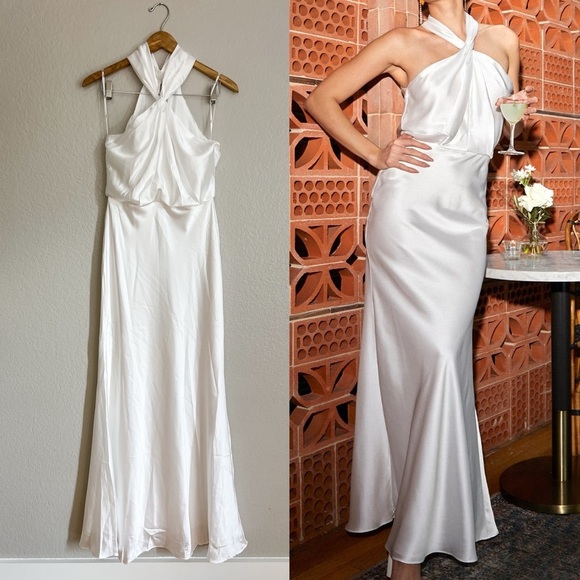 At the Halter White Satin Halter Neck Twist-Front Maxi Dress